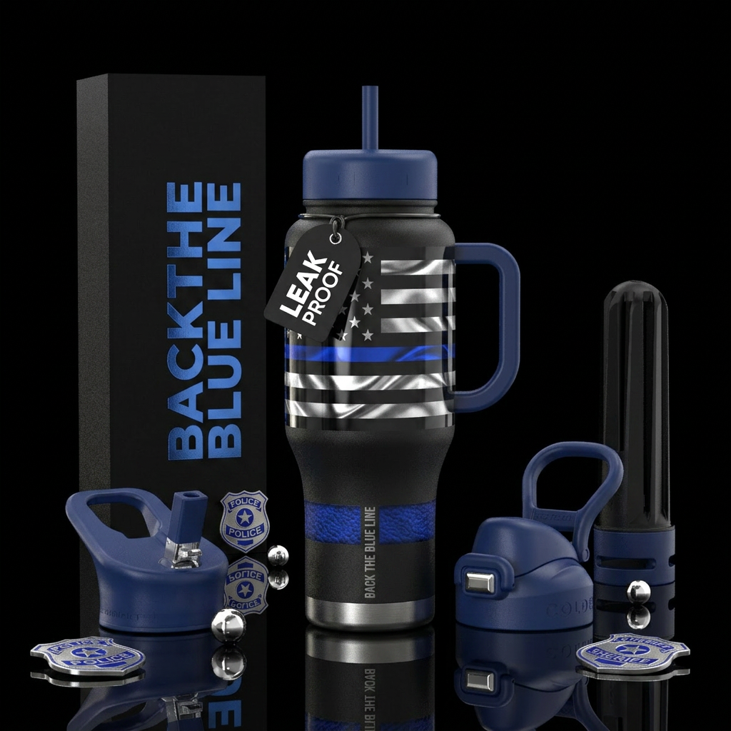 back the blue line water bottle design