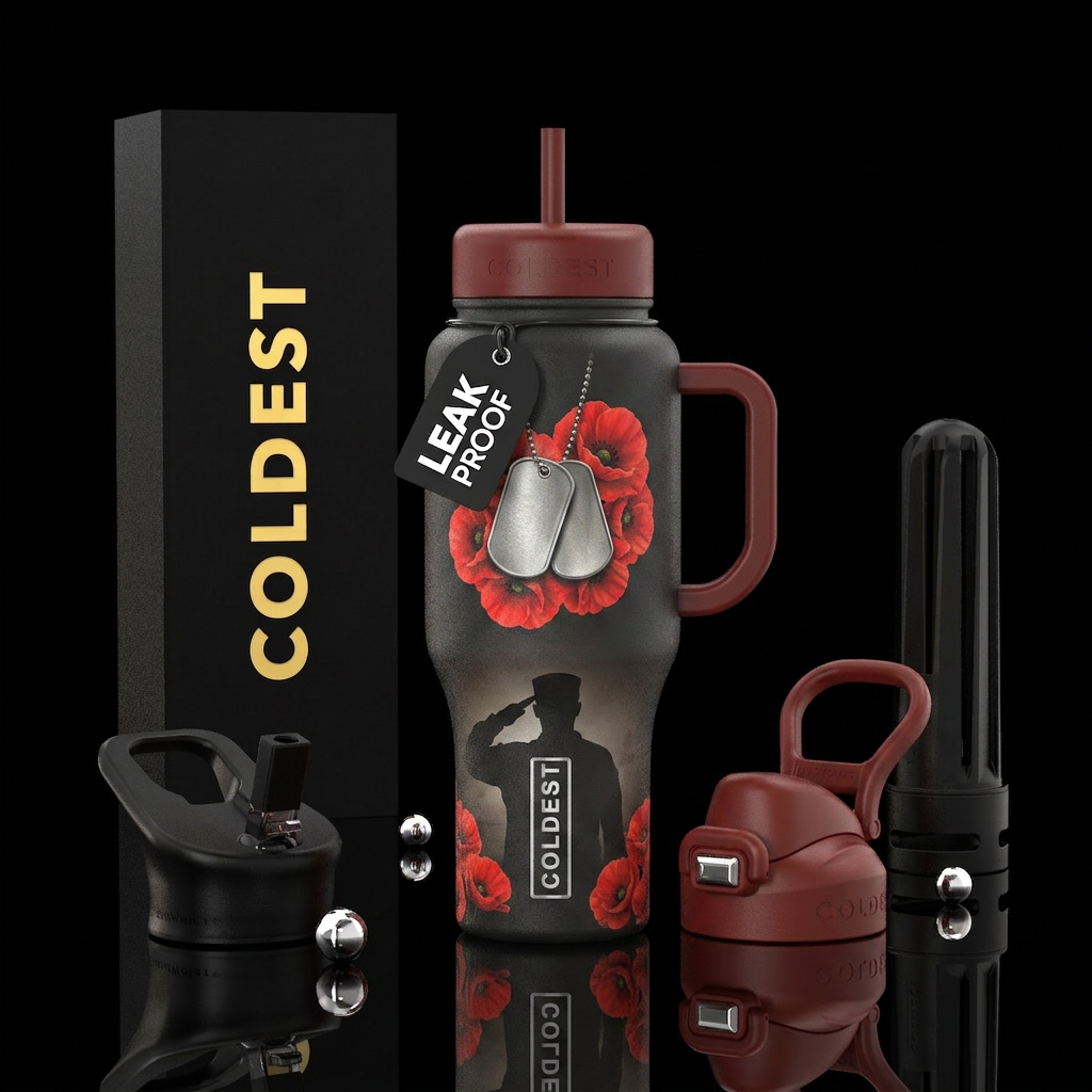 Veterans Day dog tags poppies salute water bottle design