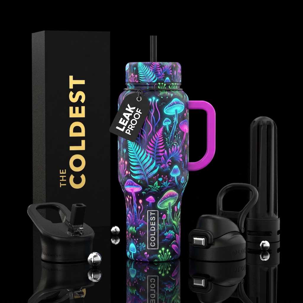 neon night plant life water bottle design