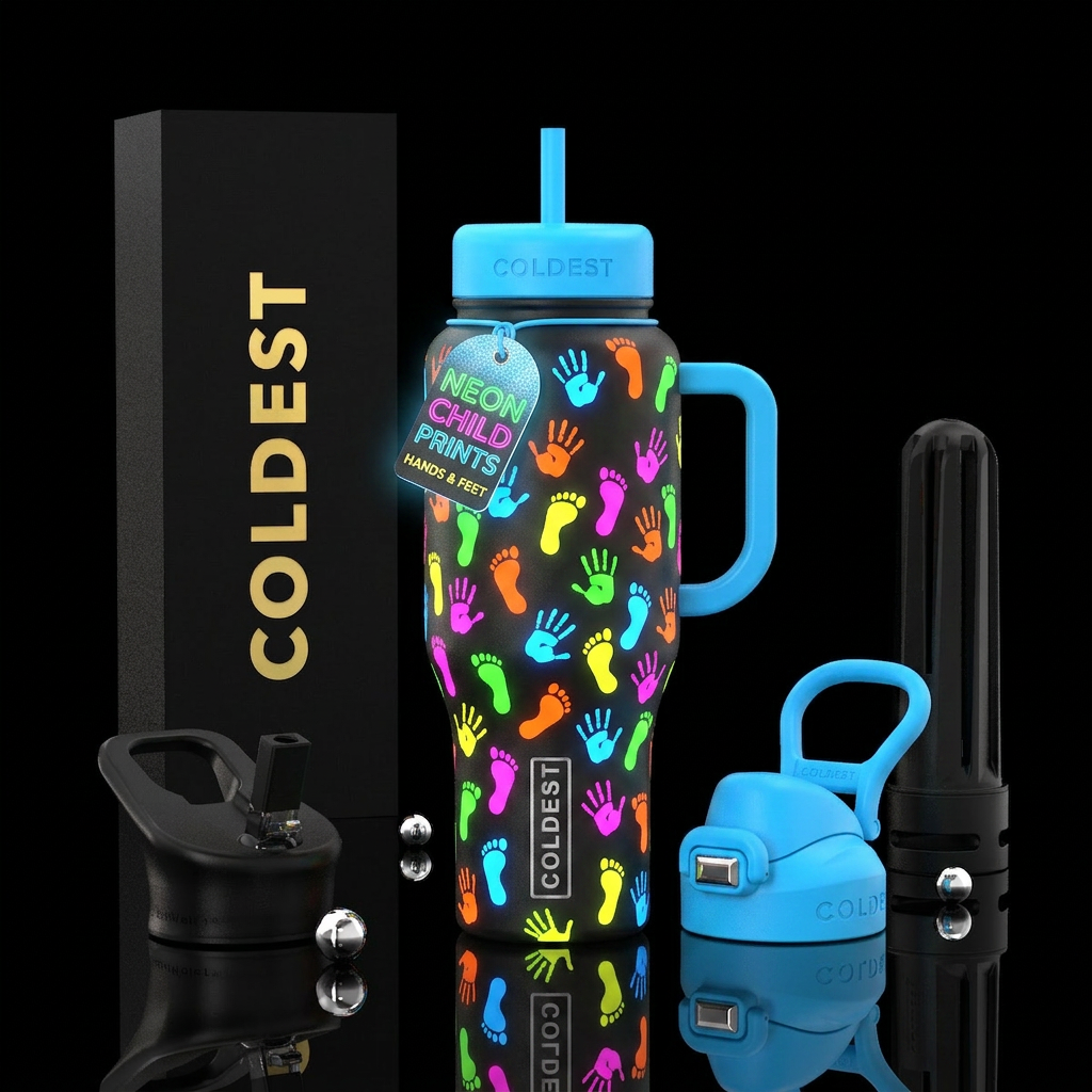 neon child hand prints feet water bottle design