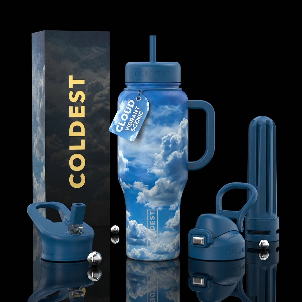 scenic blue sky water bottle design
