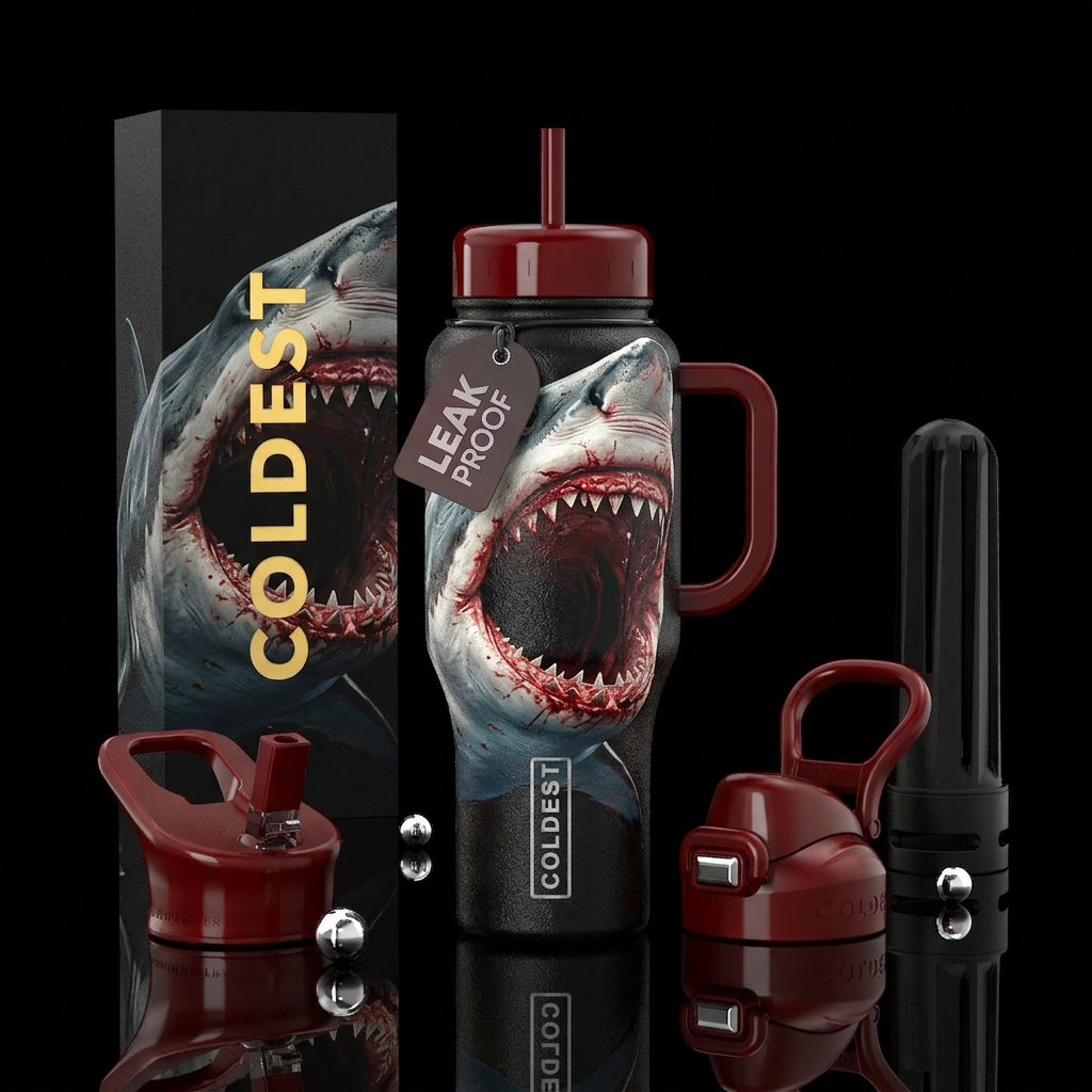 great white bloody bite water bottle design