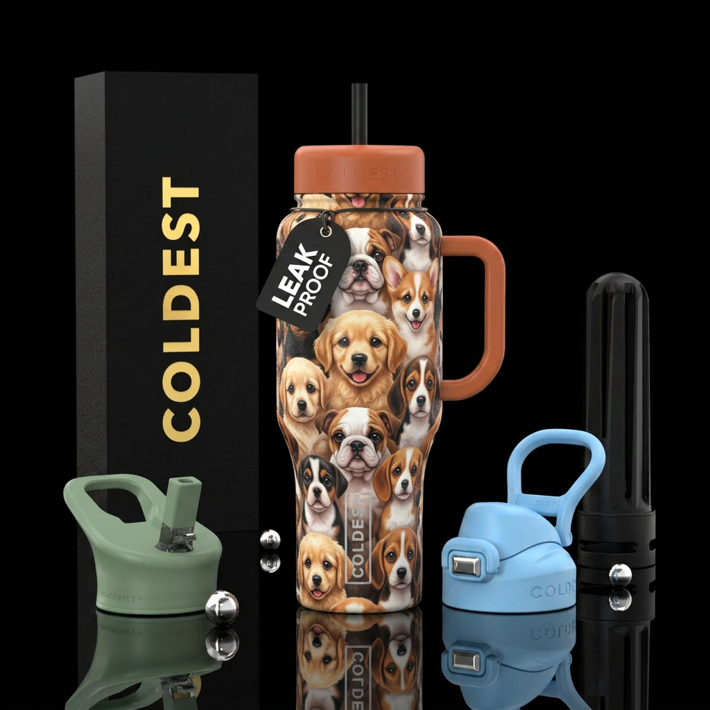 big eyed puppies water bottle design