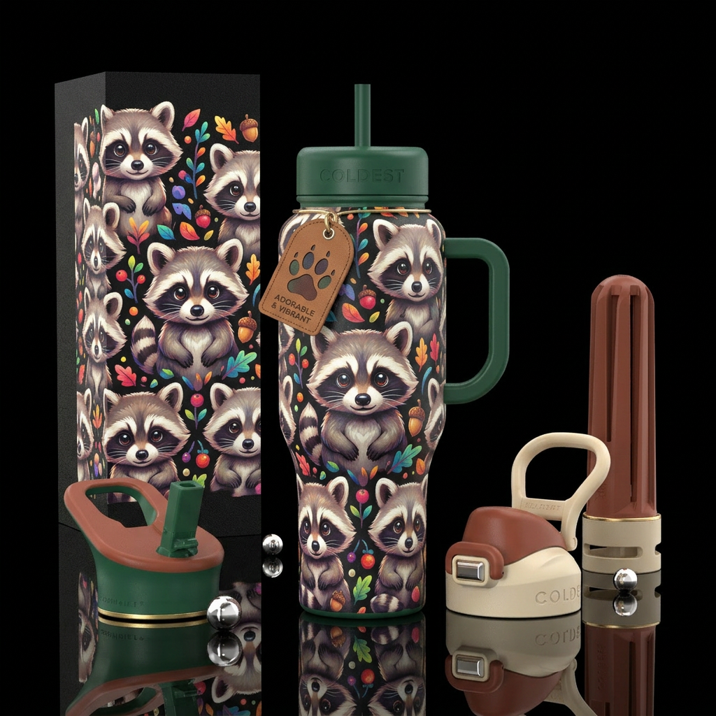 baby raccoons water bottle design