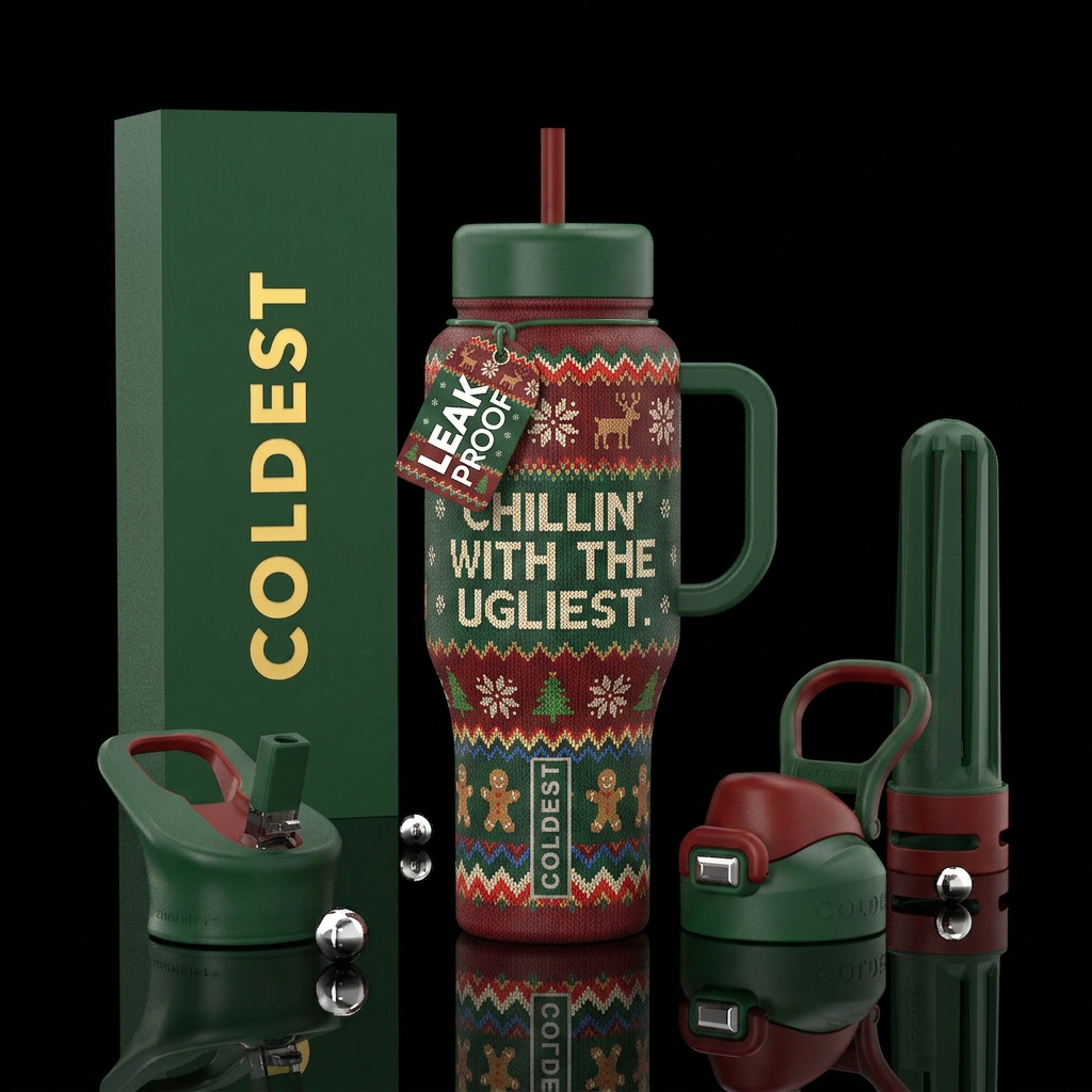 funny ugly Christmas sweater water bottle design