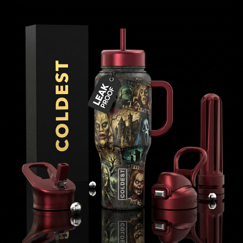 old school horror film water bottle design