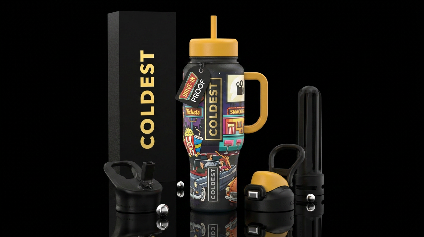 drive in movie trip water bottle design