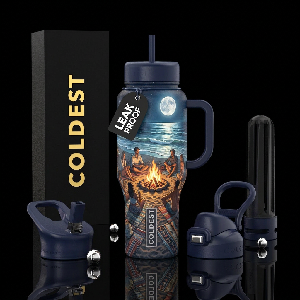 beach blanket fire water bottle design