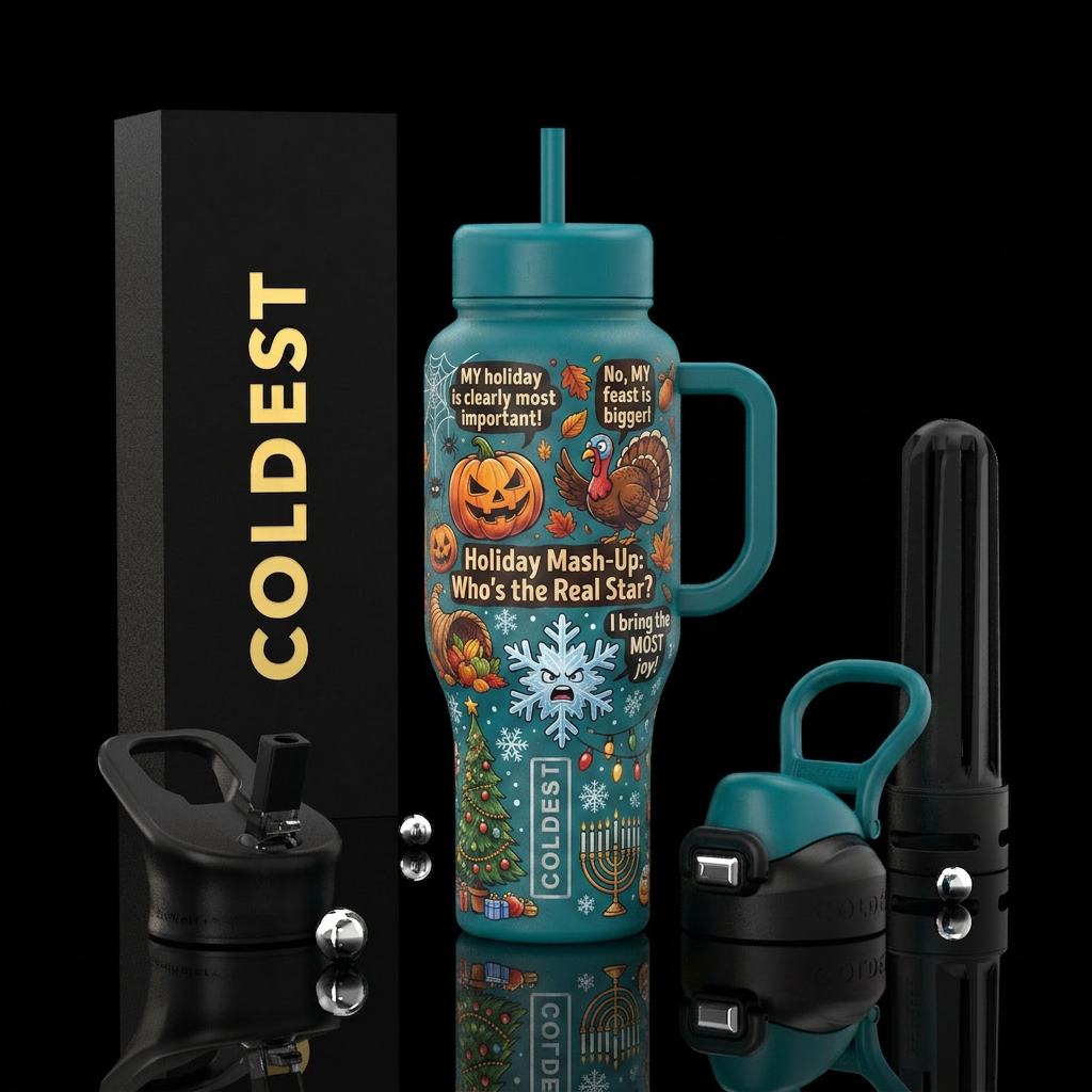 Hallowthankmas mash up water bottle design