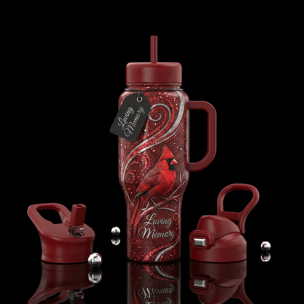 perched red cardinal glitter swirls loving memory water bottle design