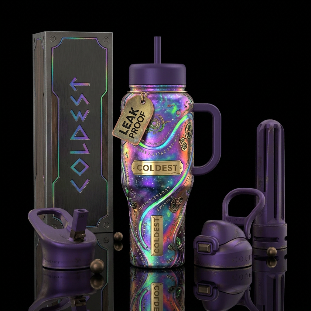beautiul, magical, whimsical, irridescent, dystopi... water bottle design