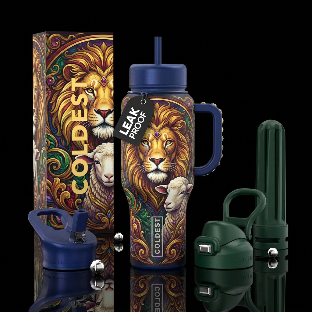 The Lion and The Lamb water bottle design