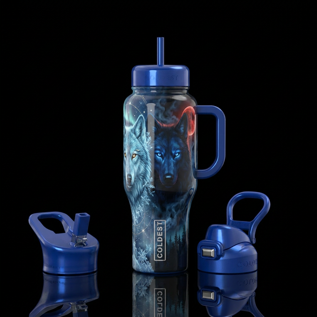 Two Wolves a Light Wolf and a Dark Wolf water bottle design