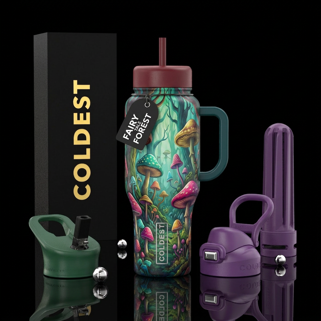 fairy tale, mushroom forest water bottle design