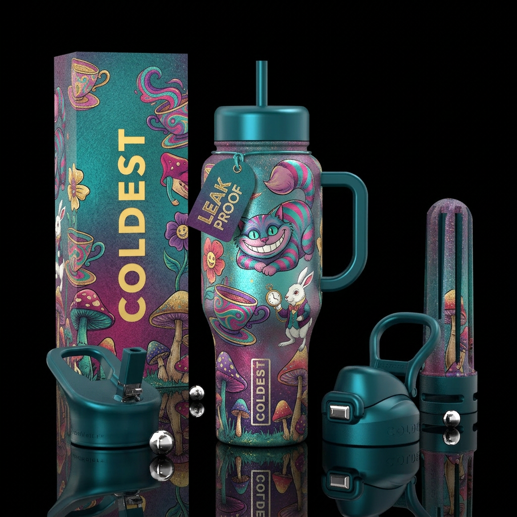 whimsical, wonderland water bottle design