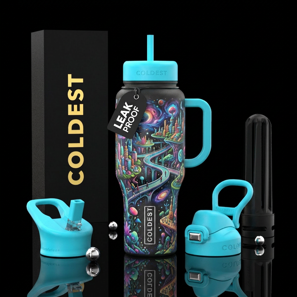 timeless, parallel worlds water bottle design