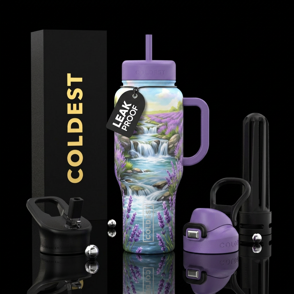 Gentle Stream,, waterfall, lavender field water bottle design