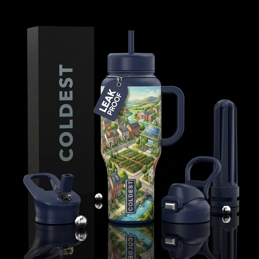 peaceful, utopian, town water bottle design