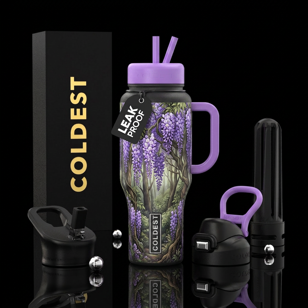 Wisteria vining through the trees at the edge of a... water bottle design