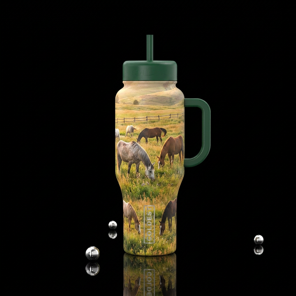 Horses grazing in a Field water bottle design