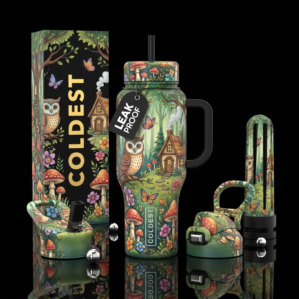 Whimsical Woodland Forest Owl, cottage, mushrooms,... water bottle design