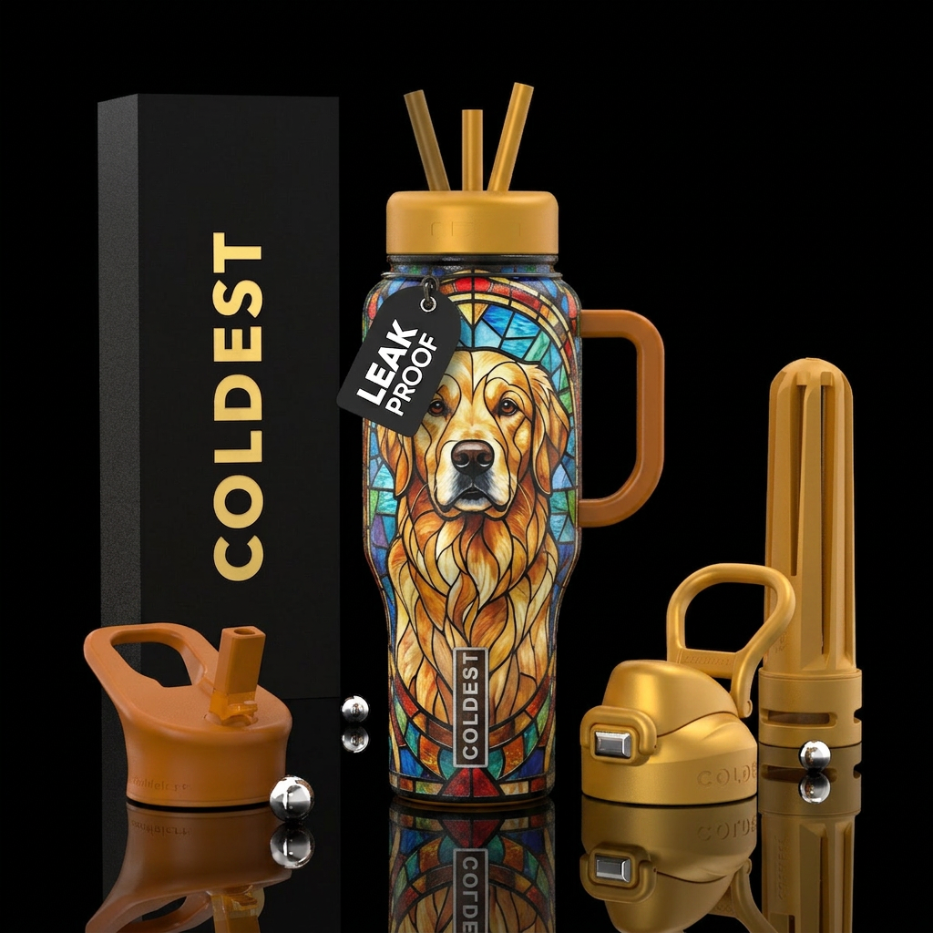 Stained glass Golden Retriever water bottle design