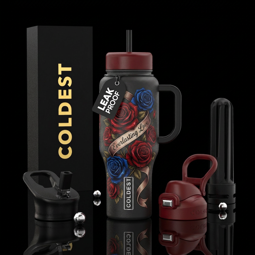 Blood Red Rose, Blue Rose,  Ribbon with Everlastin... water bottle design