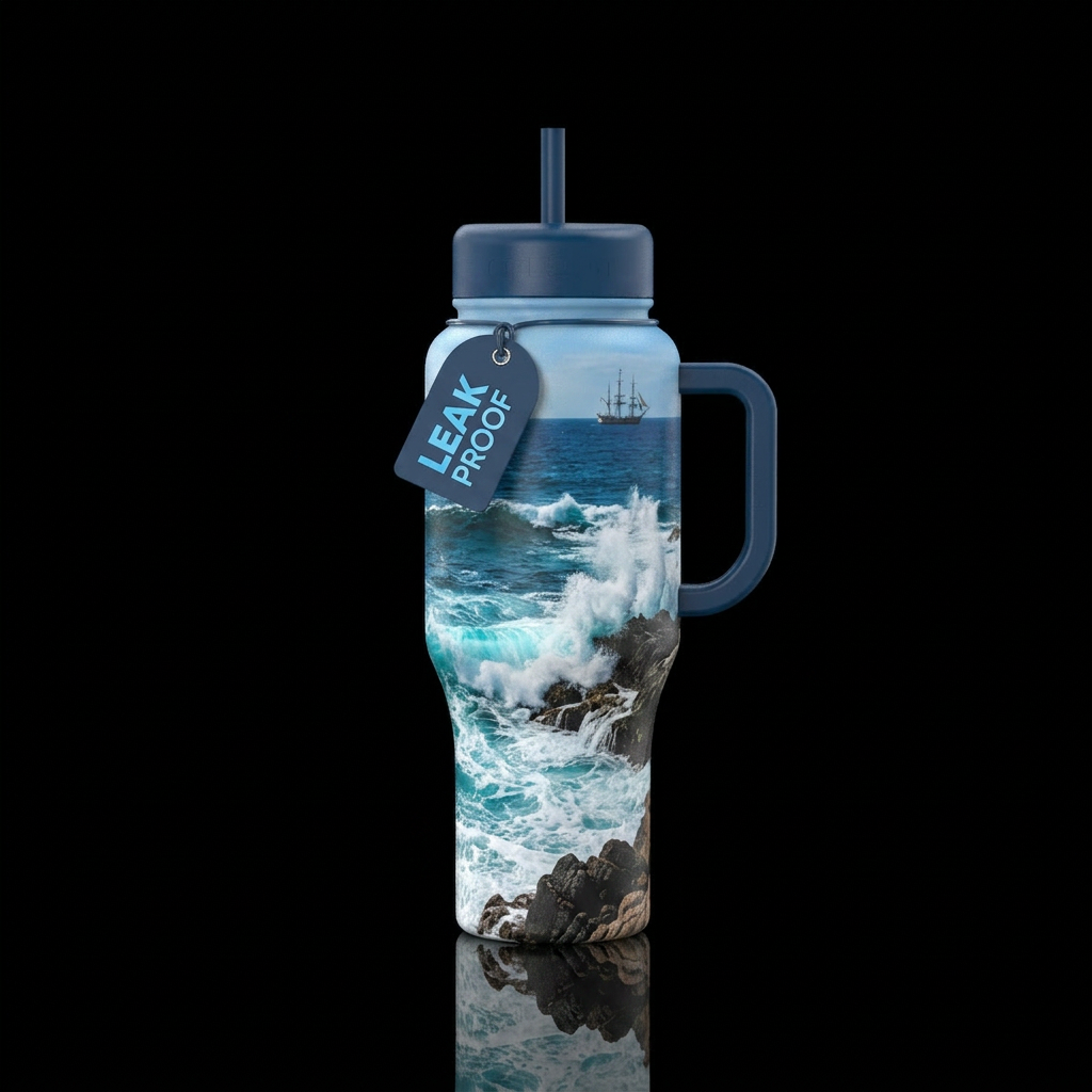 Beach, Waves Crashing Into the Rocks, Ship off in ... water bottle design