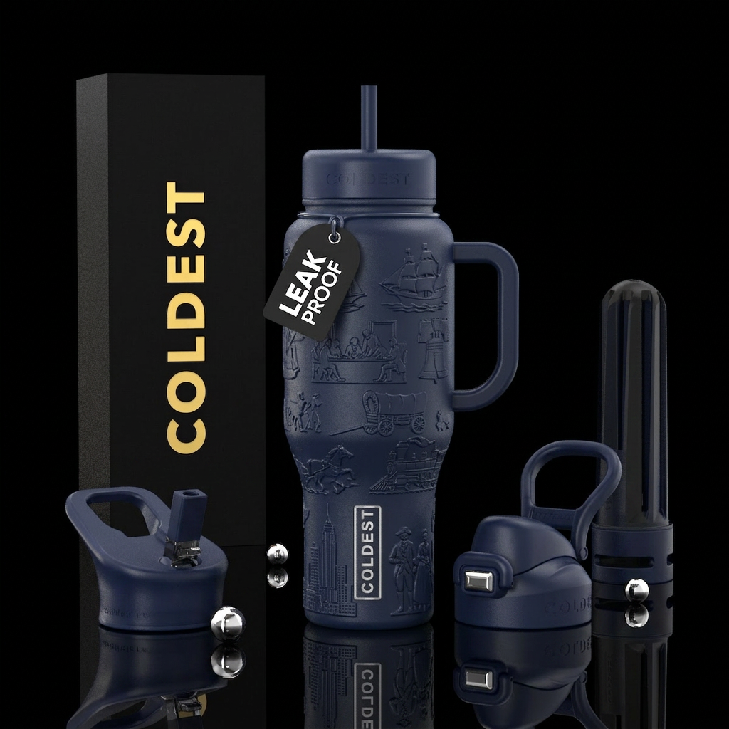 Embossed History of America water bottle design