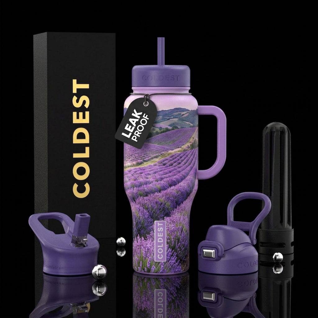 Fields and  Hillsides covered in Lavender water bottle design