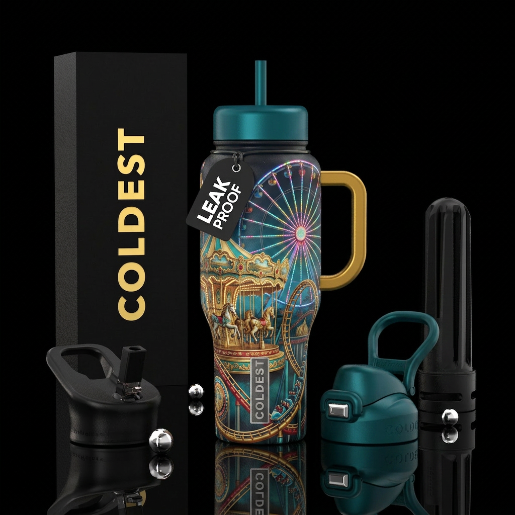 Carousel, Ferris Wheel, Roller Coaster, water bottle design