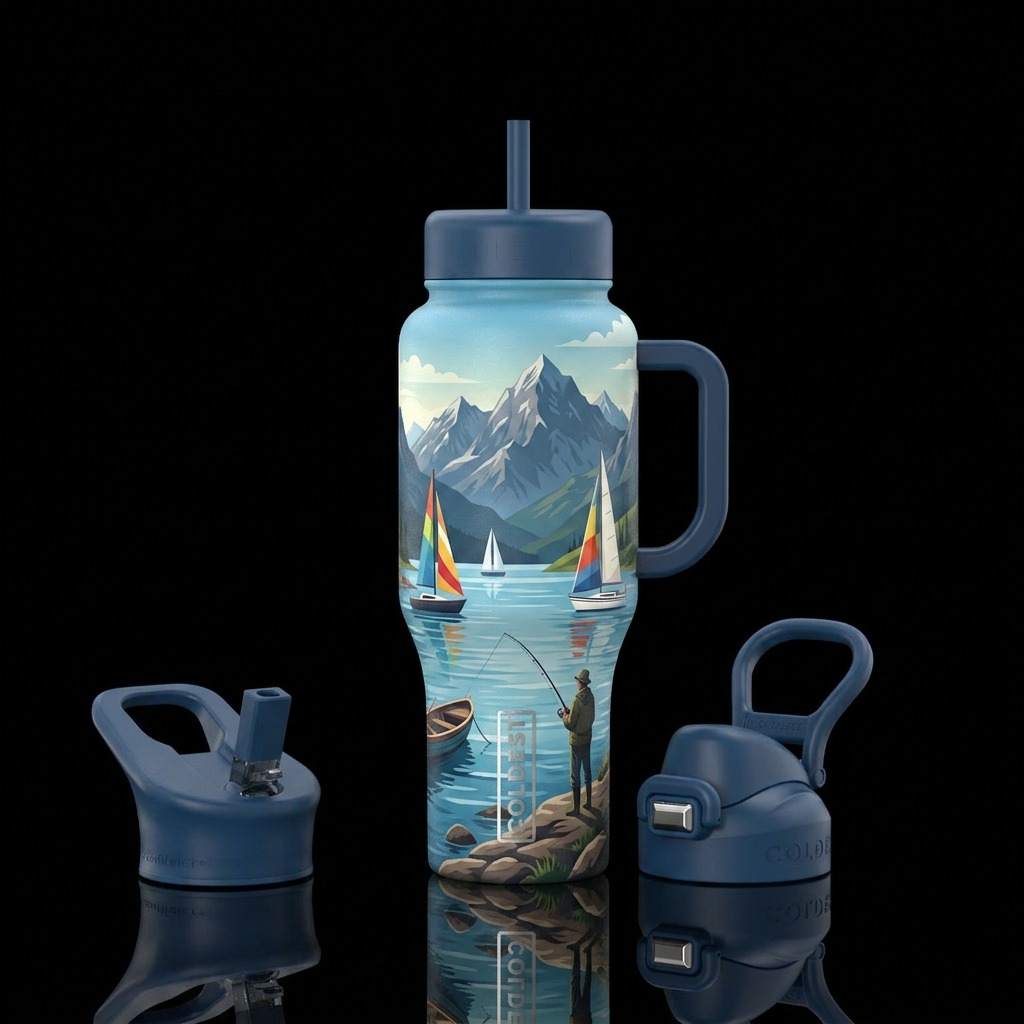 Lake, Sailboats, Mountains, Fishing from Shote water bottle design