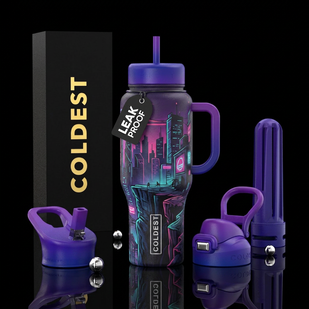 dystopian, modern, street art, skyline, cliff water bottle design