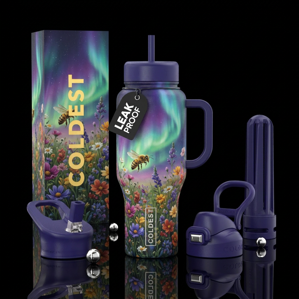 Wildflowers,, bee, northern lights, surreal water bottle design