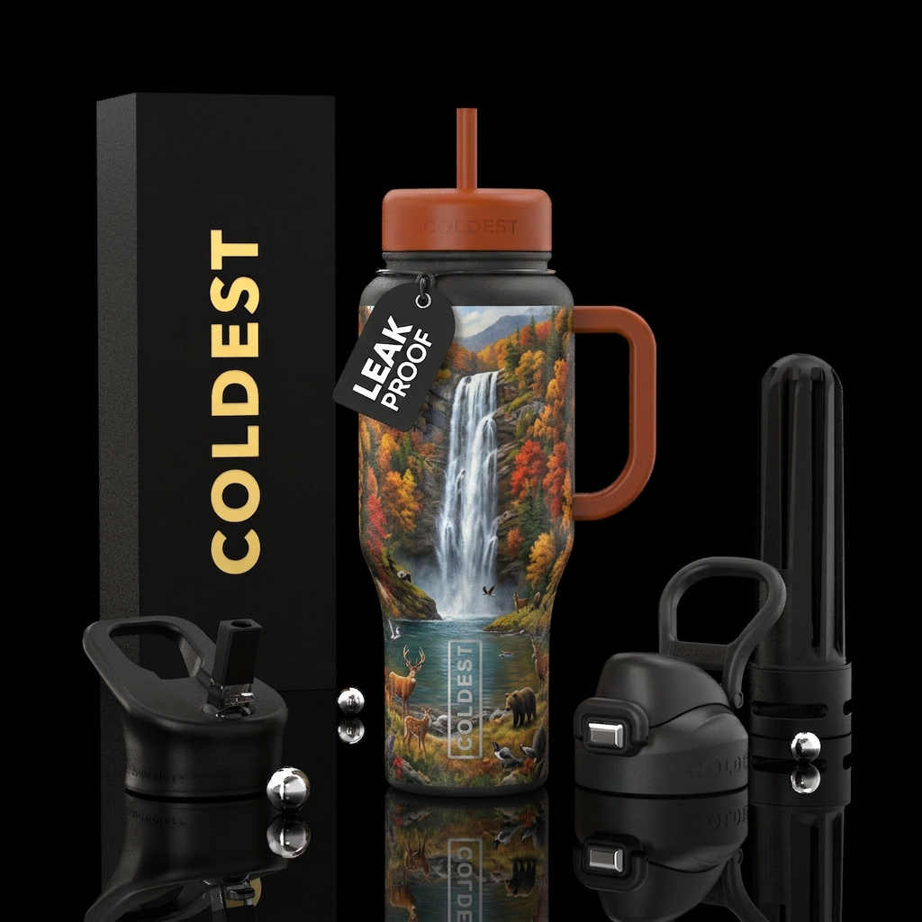 Tall beautiful waterfall in Fall colors cascading ... water bottle design
