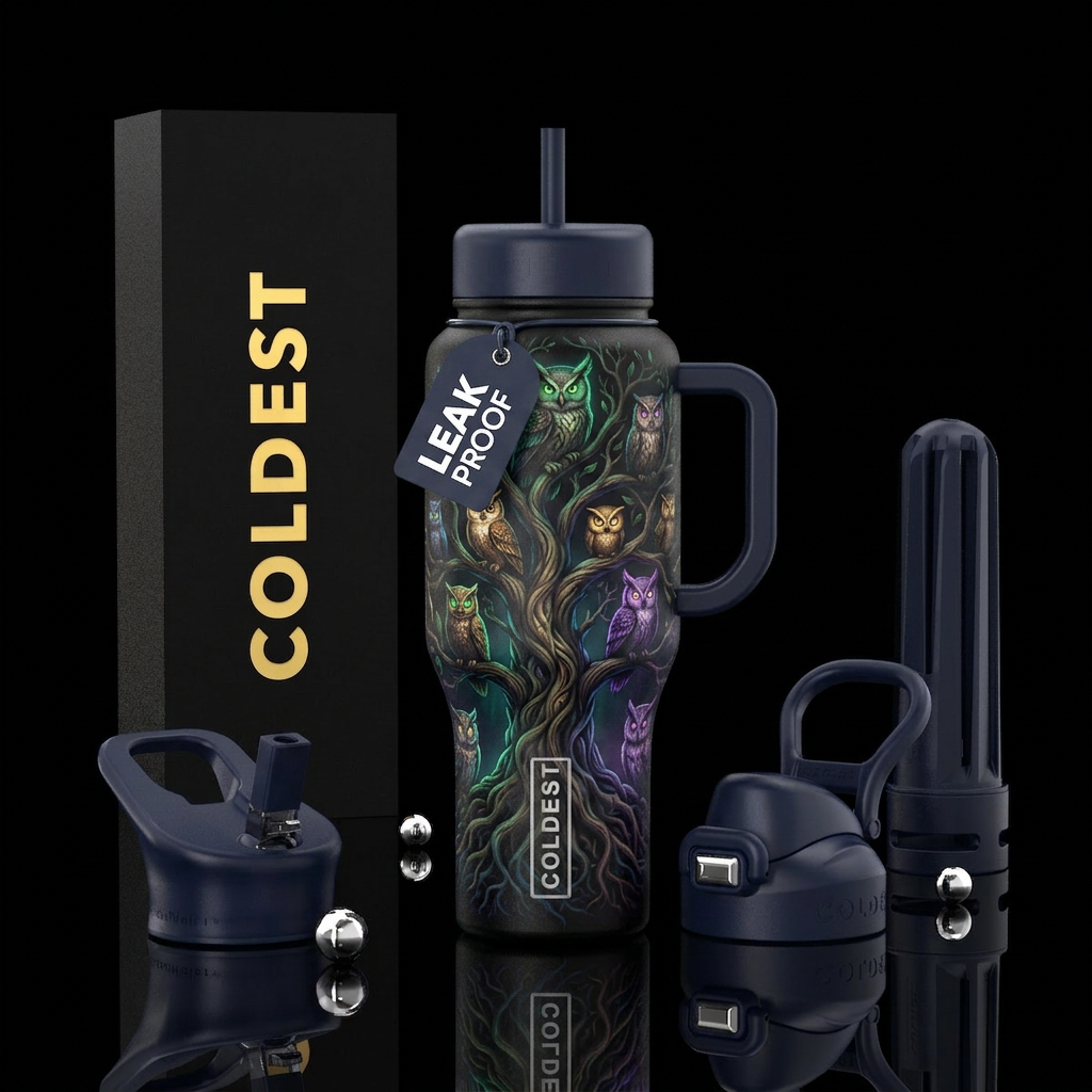 Tree of Life, Different types of Owls with Glowie ... water bottle design
