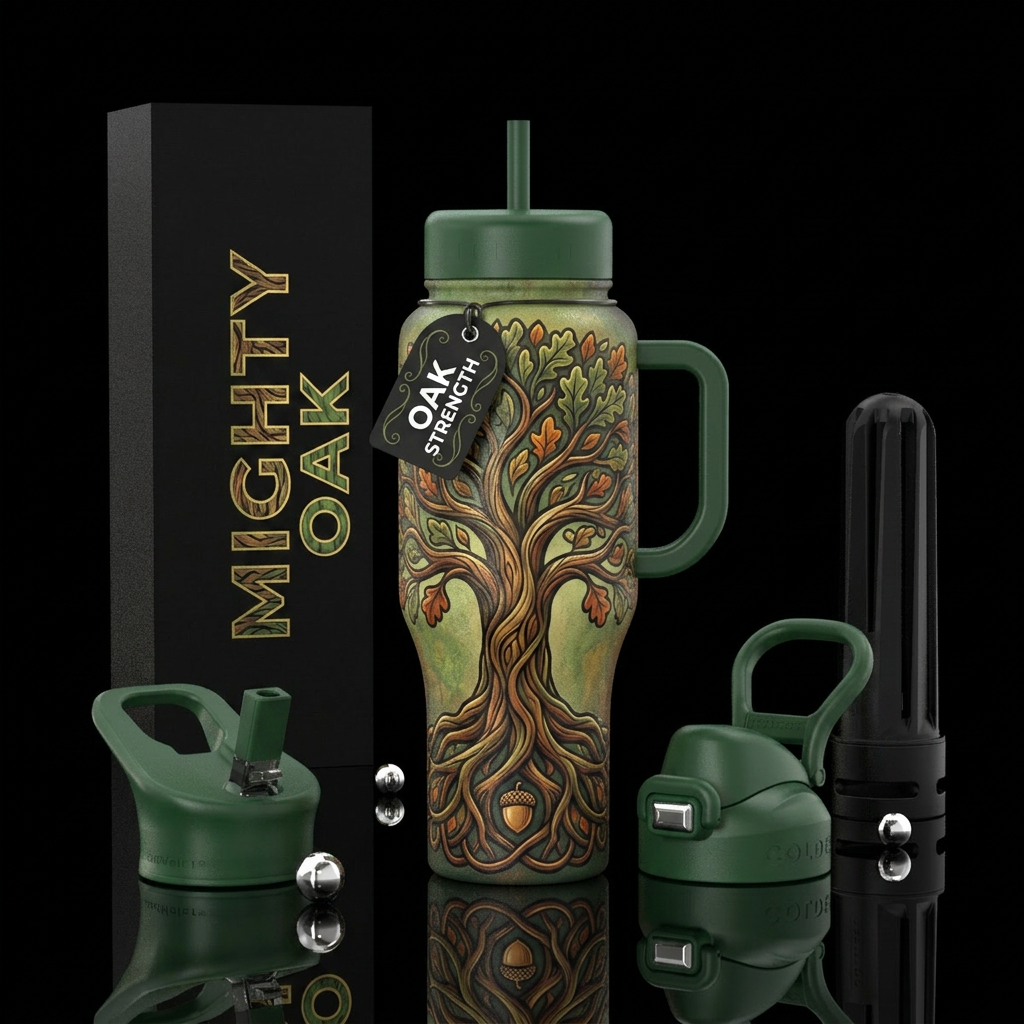 The Mighty Oak water bottle design