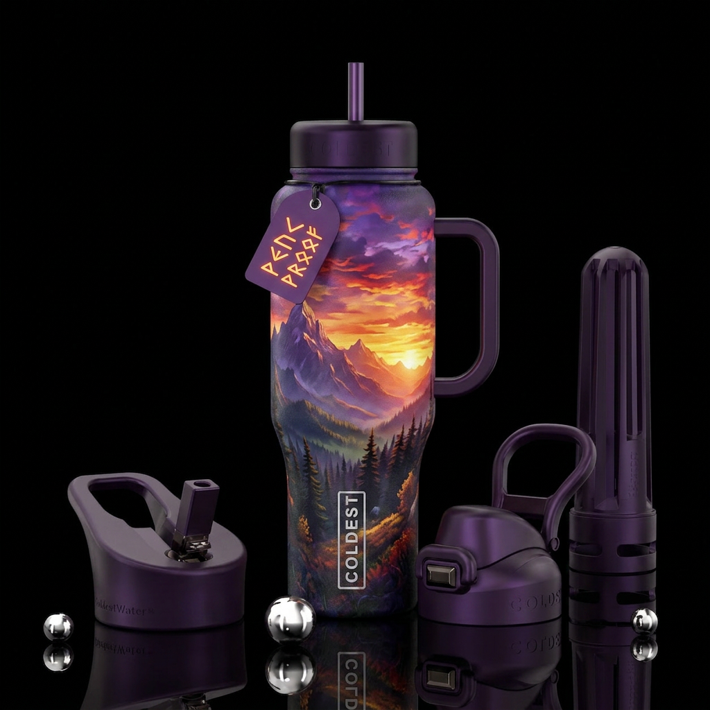 forest, mountains, mystical, mesmerizing, sunset water bottle design