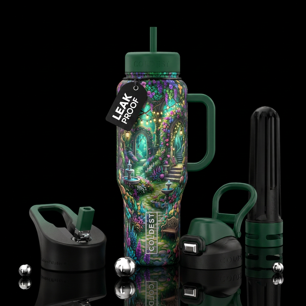 peaceful, secret garden water bottle design