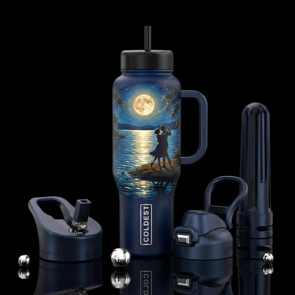 Moonlit Romance, Couple Dancing by the Lakeside, F... water bottle design