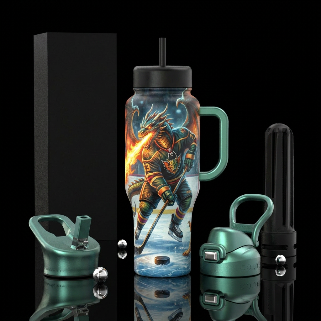 Dragon playing hockey. No logos or numbers water bottle design