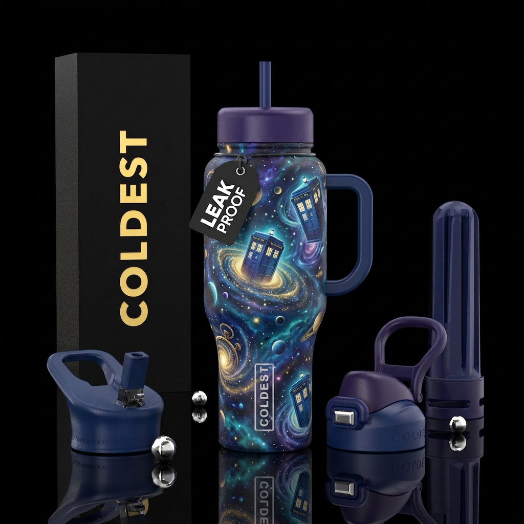 Doctor who, bright, space, whimsical water bottle design