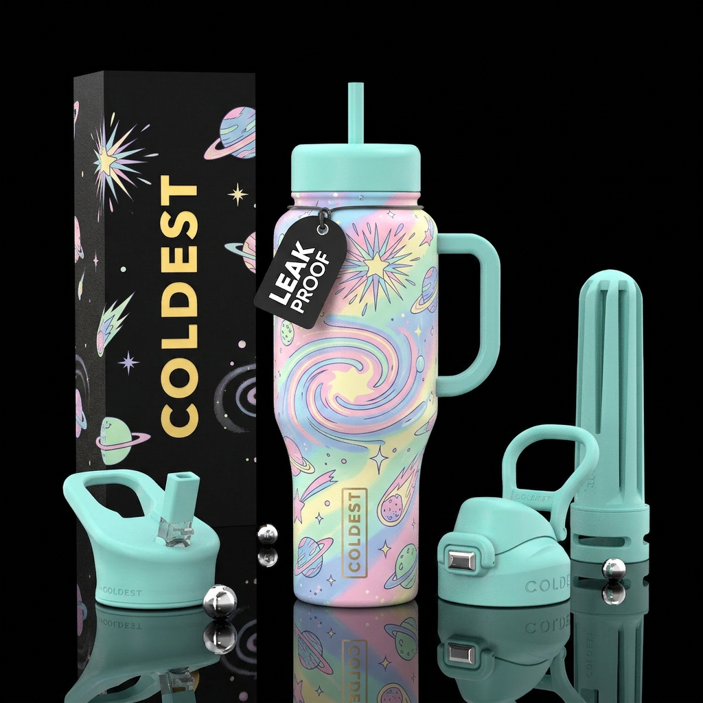 Whimsical, colorful, explosion, pastel, space water bottle design