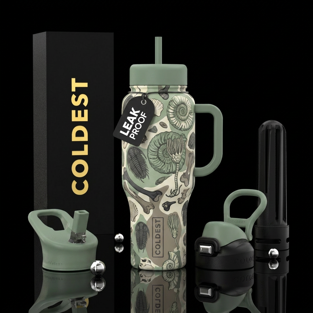 Fossils in a sage green and neutral palate in a co... water bottle design