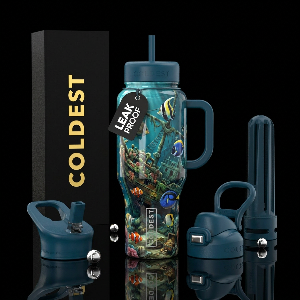 Tropical fish in a shipwreck water bottle design