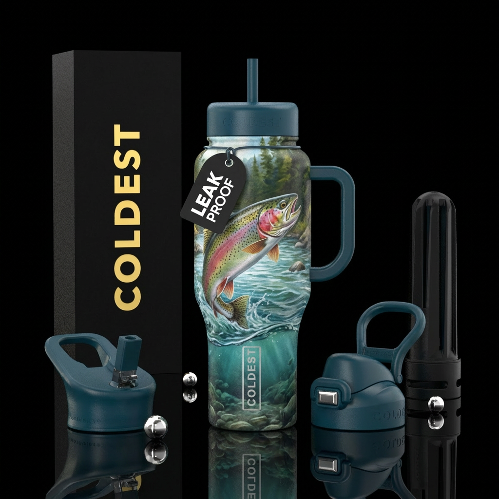 Outdoor fishing river rainbow trout water bottle design
