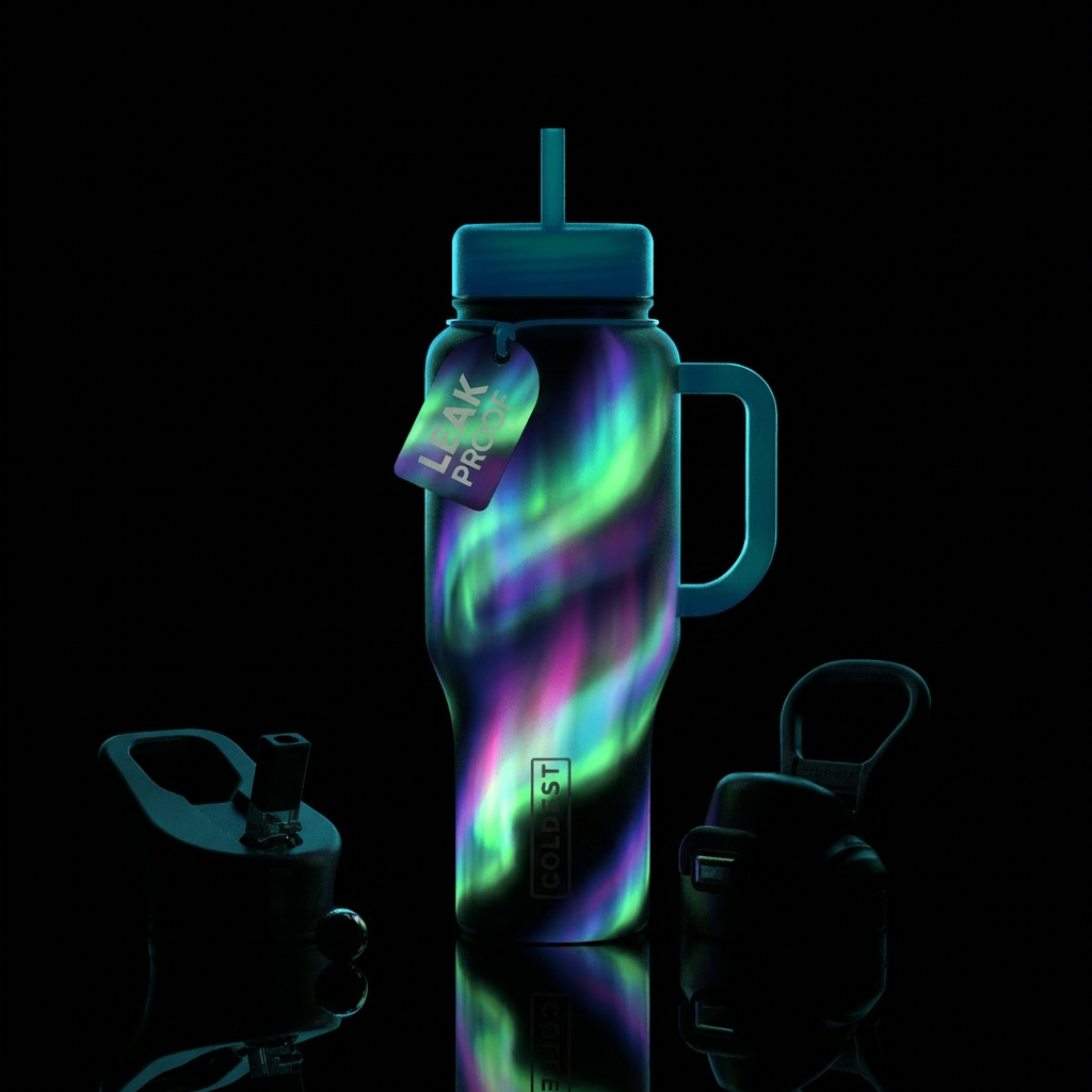 Glow in the dark northern lights water bottle design
