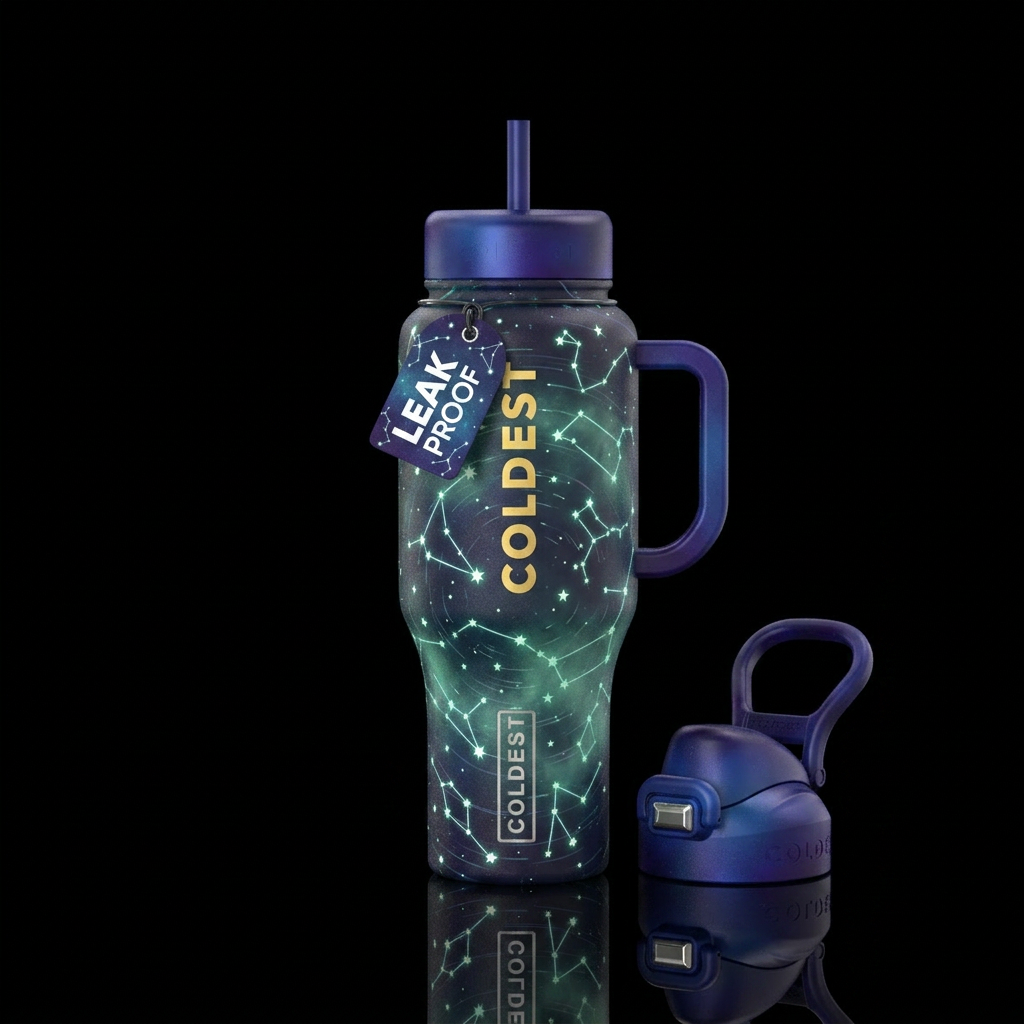 Constellation glow in the dark water bottle design