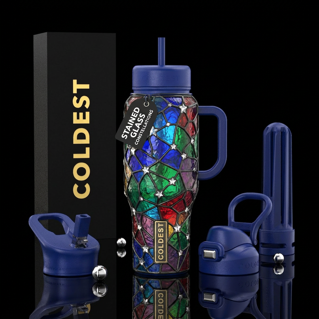 Stained glass constellations water bottle design