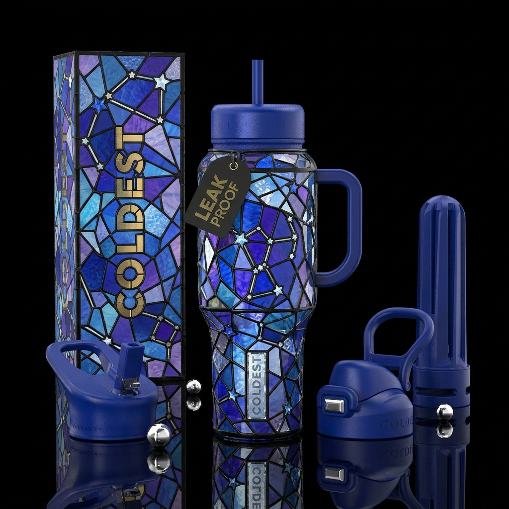 Stained glass constellations water bottle design
